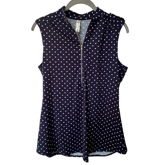 PerSeption Concept Tops - PerSeption Concept Navy Polka Dot Zippered Blouse size Medium